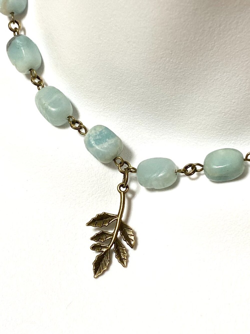 Light Teal Amazonite Short Necklace, Gemstone & Bronze Leaf Branch Pendant